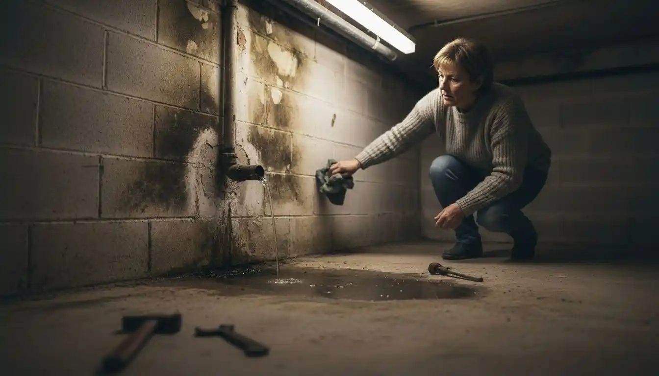 Mur de sous-sol présentant des traces d’humidité et des problèmes de tuyauterie