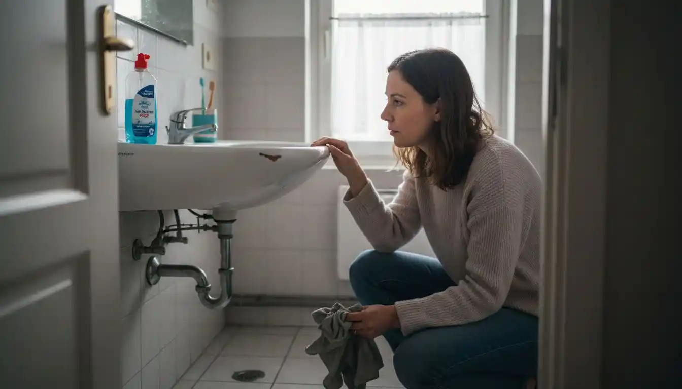 Une personne remarque une légère fuite d’eau dans la salle de bain.