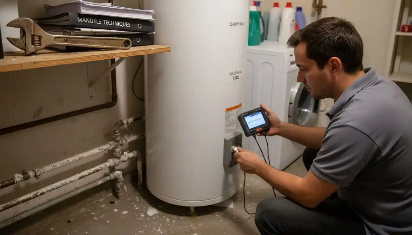Un technicien contrôle un détecteur installé à proximité du chauffe-eau.