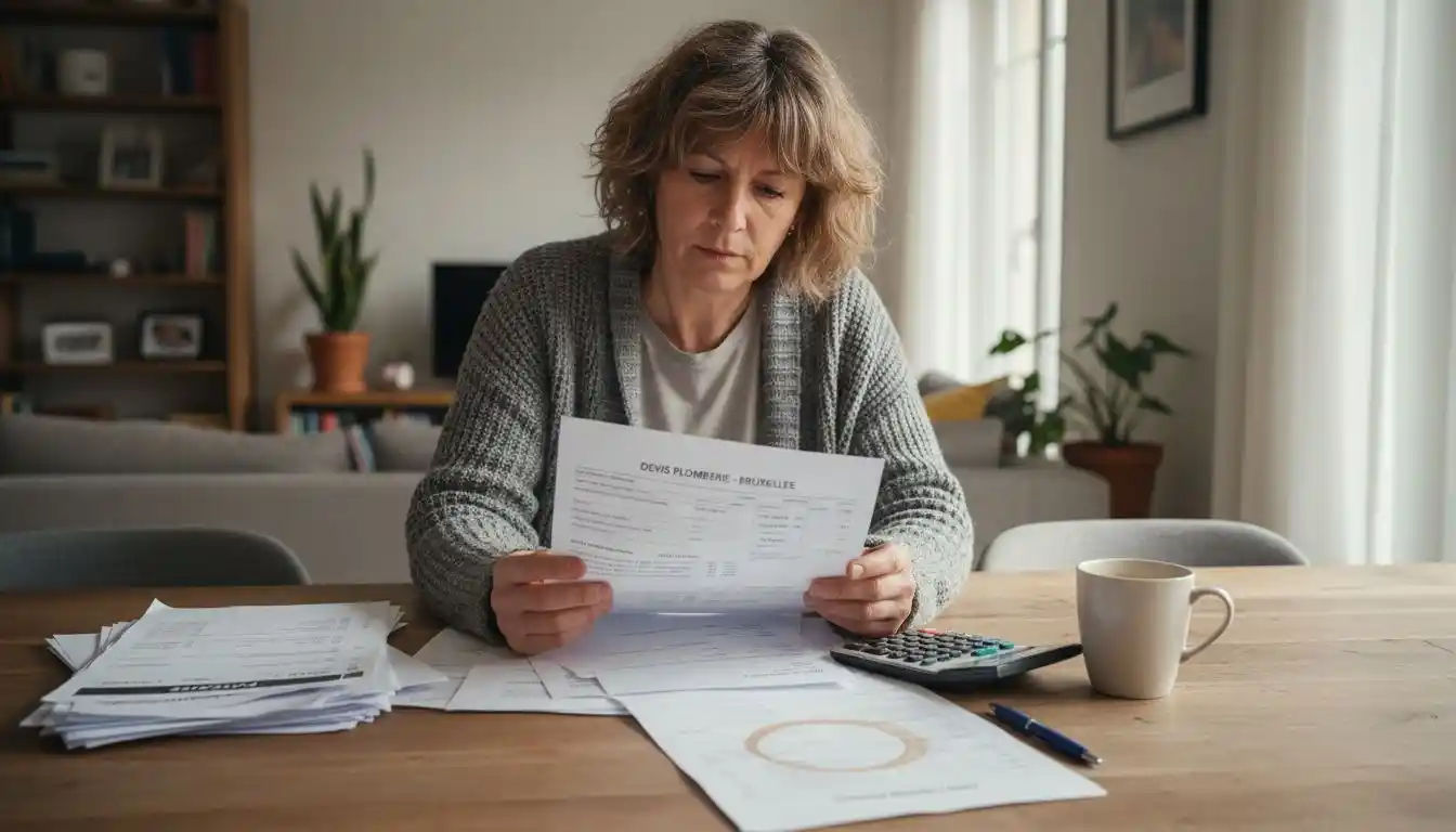 Une femme passe en revue les devis de plomberie pour comparer les offres et prendre sa décision.