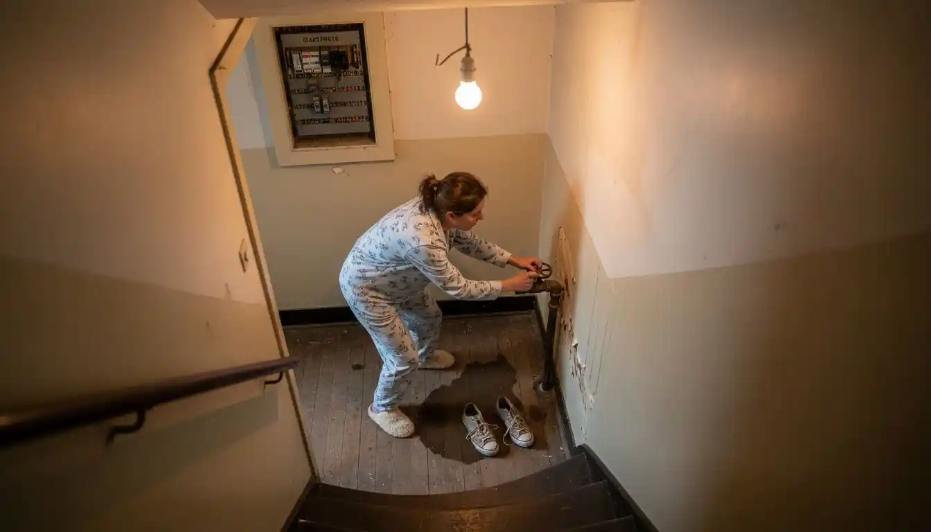 Une femme coupe en urgence l’arrivée d’eau principale.