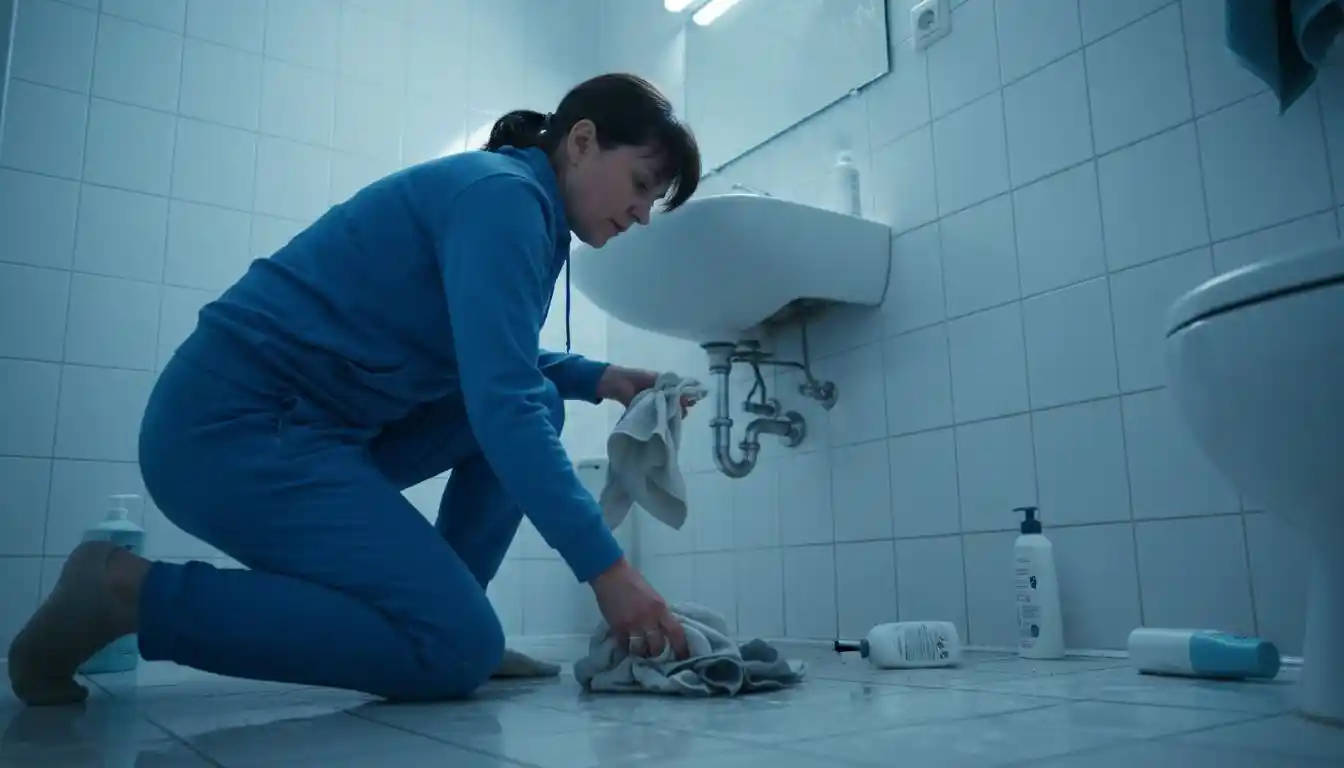 Une femme inspecte une fuite d’eau sous le lavabo de sa salle de bains.